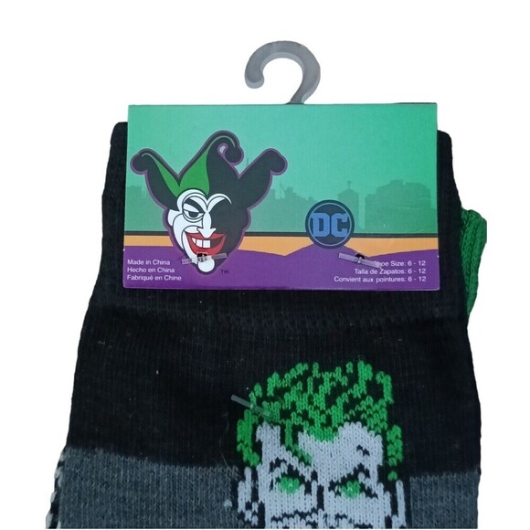 DC Comics Joker Socks Mens Size 6-12 Black Graphic Mid Calf 2 Pairs - Picture 2 of 5